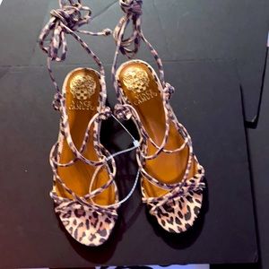 Vince Camuto Women’s Leather Leopard Lace-up Sandals, 1 inch WEDGE HEEL,Size 5.5
